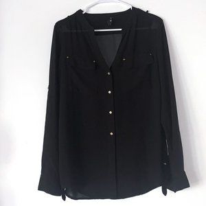 Premise Studio Sheer Black Blouse w/gold buttons